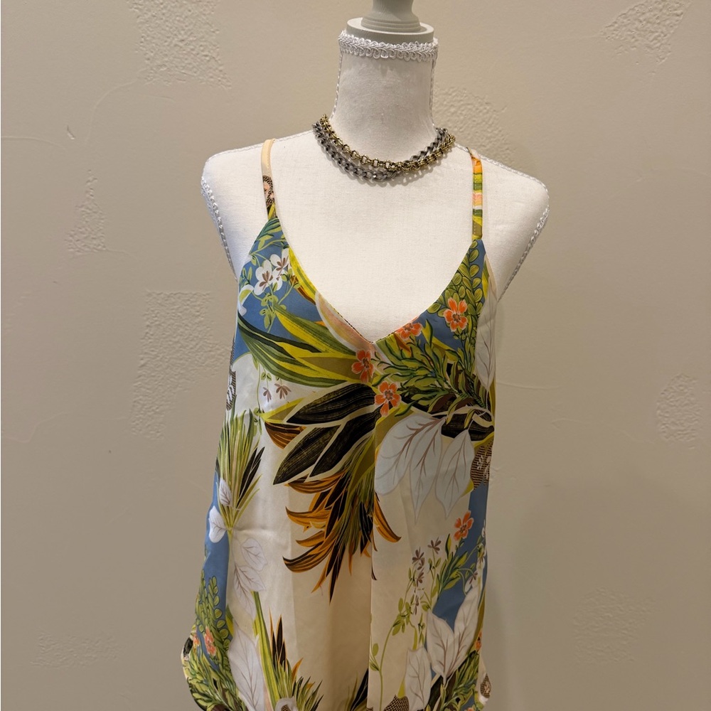 Venti6 Floral V-Neck Satin Tank Top - Blue & Cream